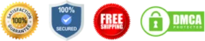 100% satisfaction guarantee, secure checkout, free shipping, and DMCA protected badges